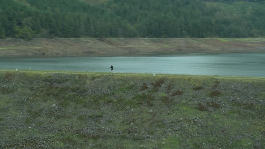 Person running through a path crossing a river in the middle of nature