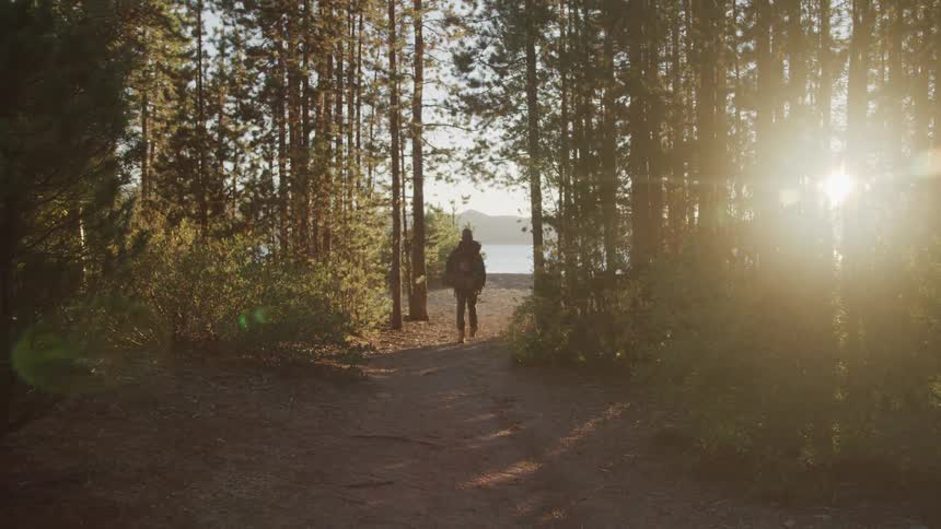 Man walks up to the lakeside at sunset