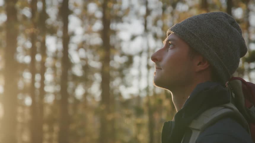 Man stands outdoors among trees looking toward the sky