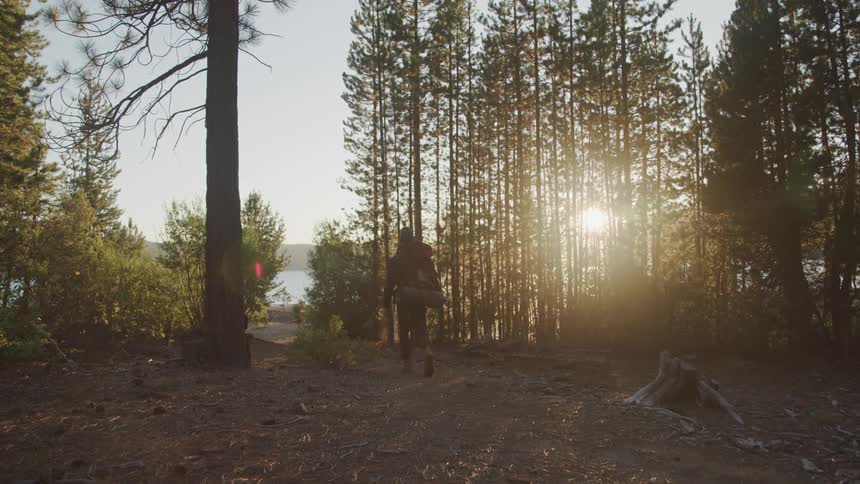 Man hikes through forest clearing toward blue water with sun just over the horizon