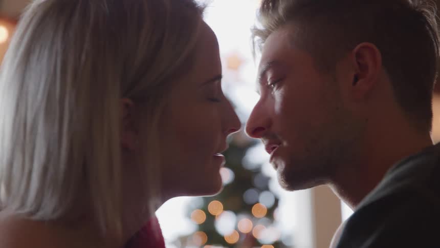 A man and woman lean into each other and kiss with a christmas tree by the window behind them