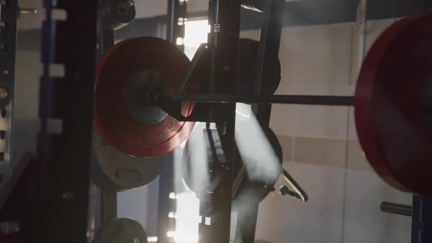 Barbells and weight plates are racked at a gym