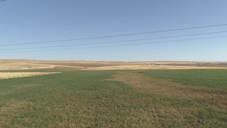 Power lines cross over grass field with a desert on the horizon