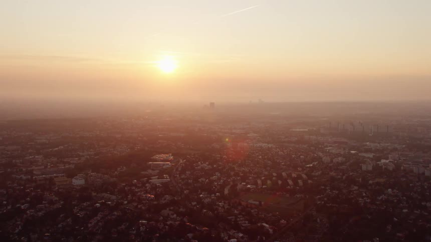 Aerial view of the city at sunset