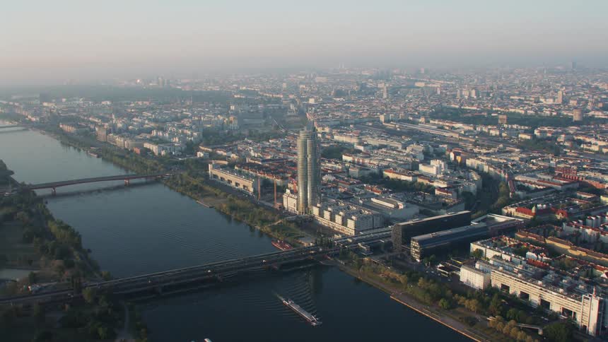 Factories off the water in an industrial area in a city