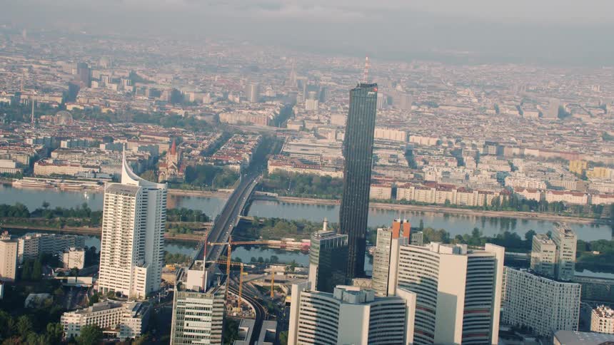 An aerial view of skyscrapers in a city