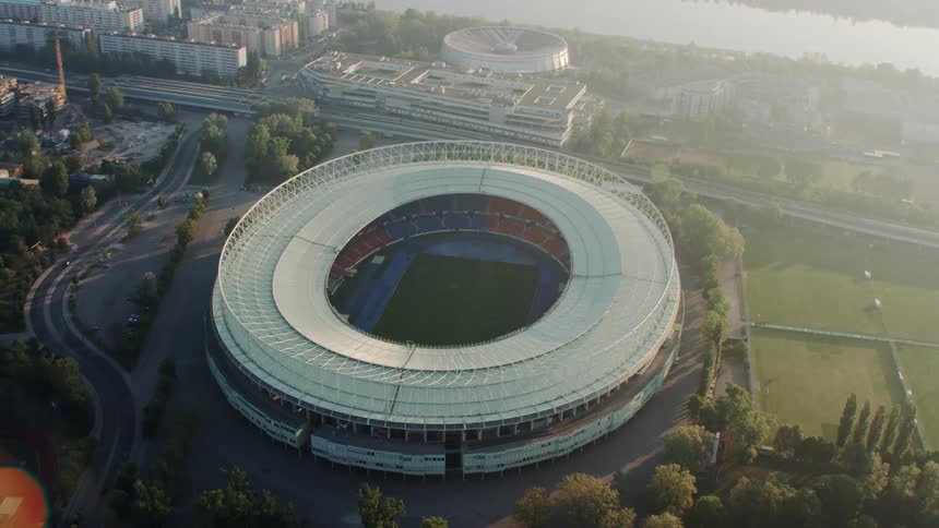 The stadium and highway are empty in the city