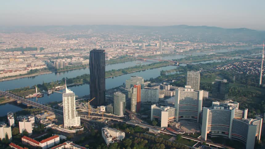 Buildings and skyscrapers near a river
