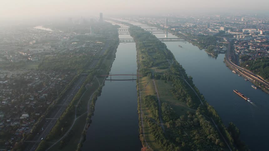 Aerial view of rivers across the land in the city