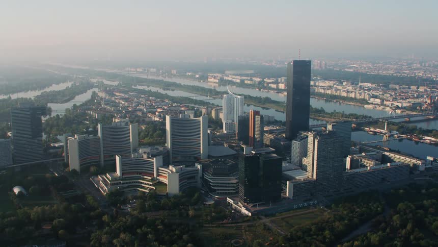 Skyscrapers and a river in a downtown area