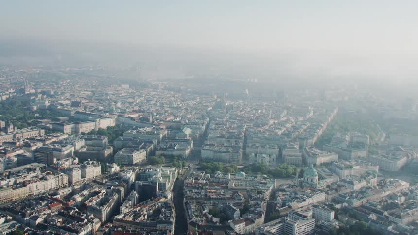 Buildings in a foggy city