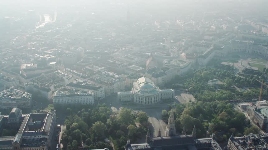 The city is covered with fog and haze