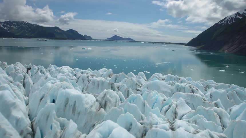 Ice caps on the shore of a lake