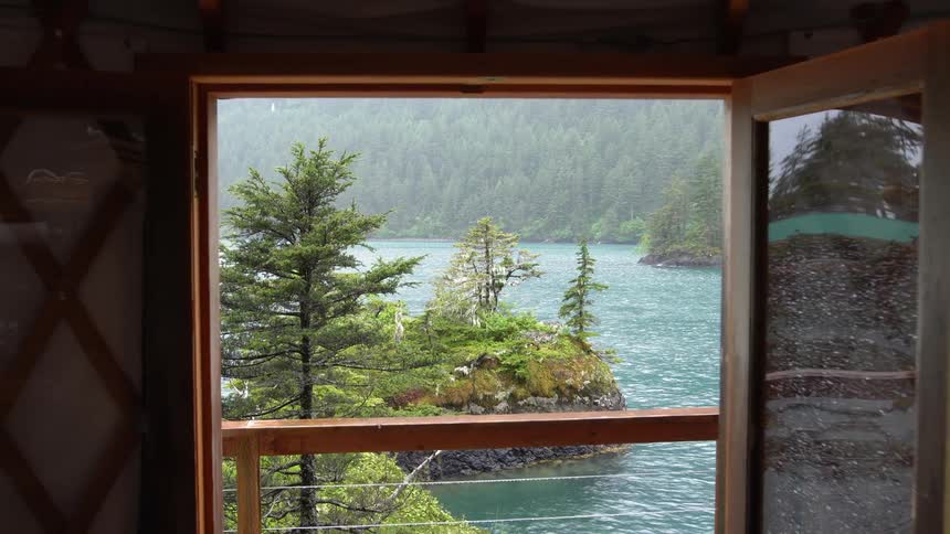 Rain falls on the lake and trees