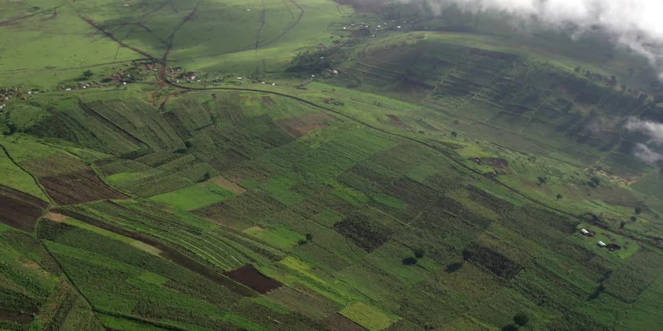 Aerial view of the countryside and farm fields