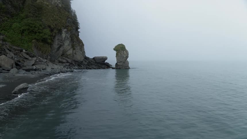A rocky coastline below a promontory on a foggy day