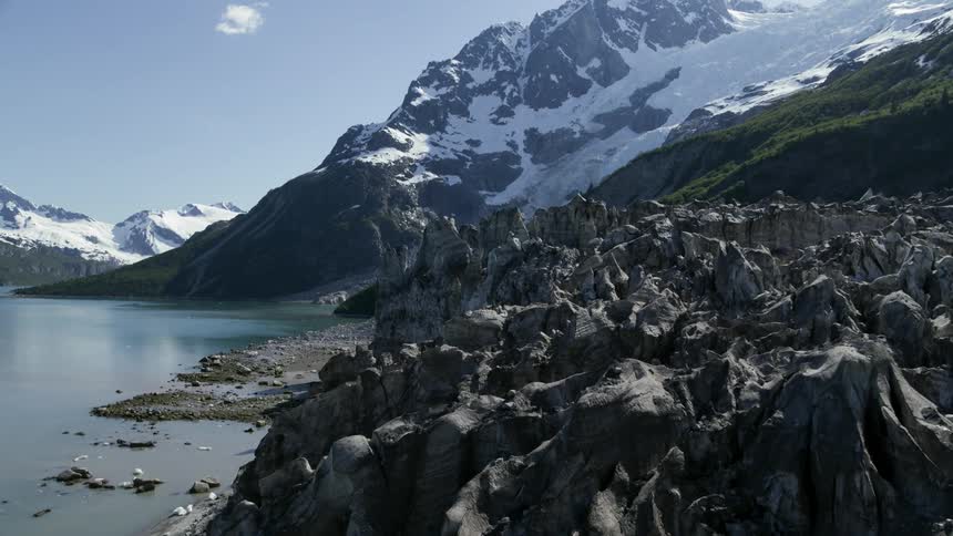 A lake at the base of a snow covered mountain