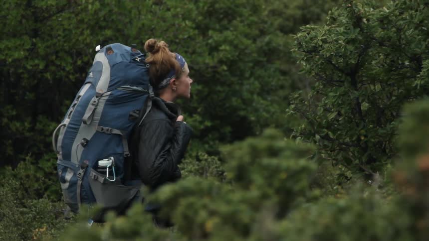 A woman hikes in the woods
