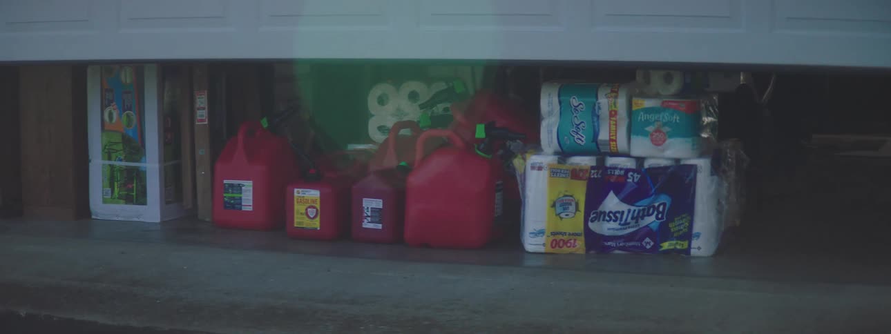 A garage with paper towels and red bottles then the garage door closes