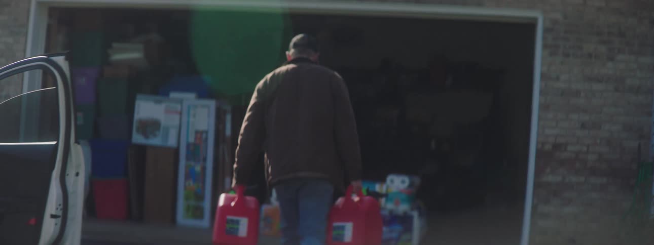 Man carries gas canisters from car to garage