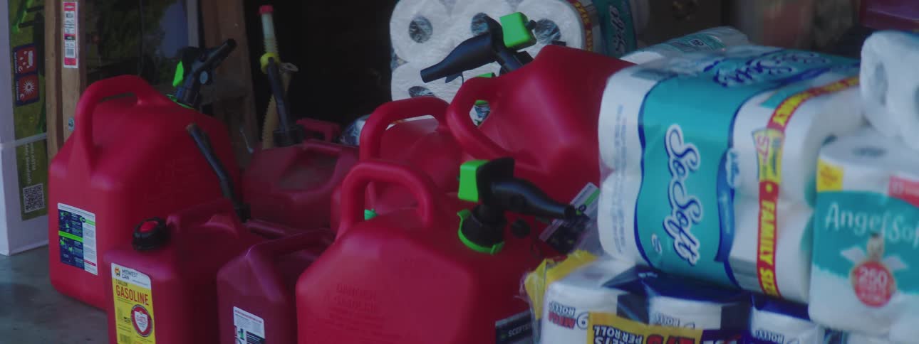 A garage with an open door is stocked with red gas cans and several packages of toilet paper