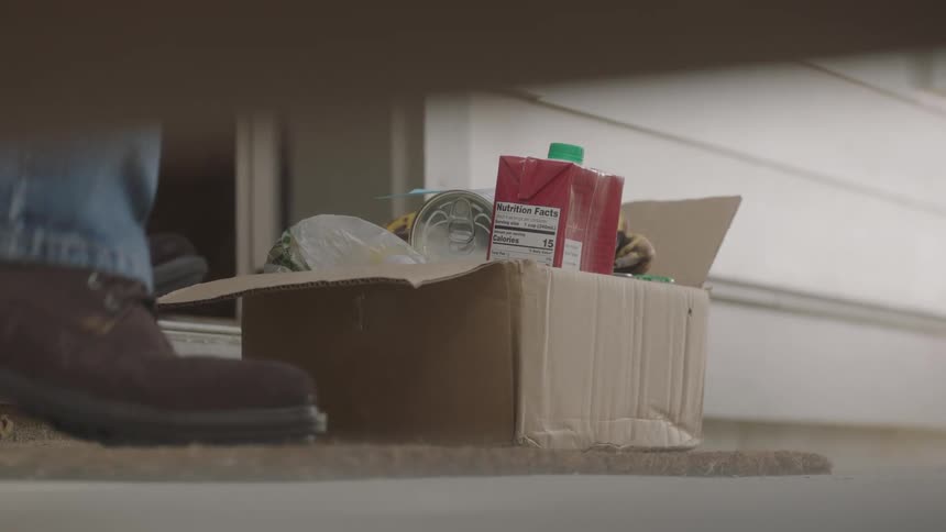 A box of groceries waits on a door mat when a person opens the door picks it up and brings it in