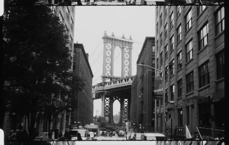 Vintage black and white film of brooklyn bridge in new york