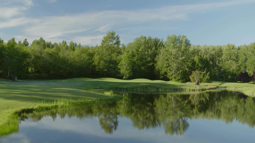 Clipped lawn separates trees and pond under cloudy sky