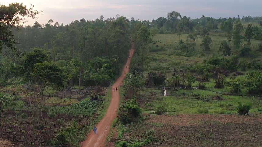 A woman walks down a red dirt road in Uganda, Africa