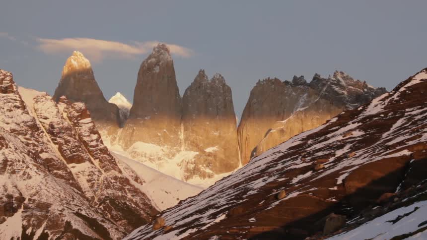 Peak formations of a snowy mountain range