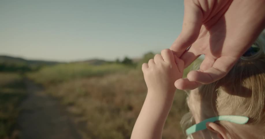A little girl in sunglasses walking down a path through a field while holding the hand of an adult