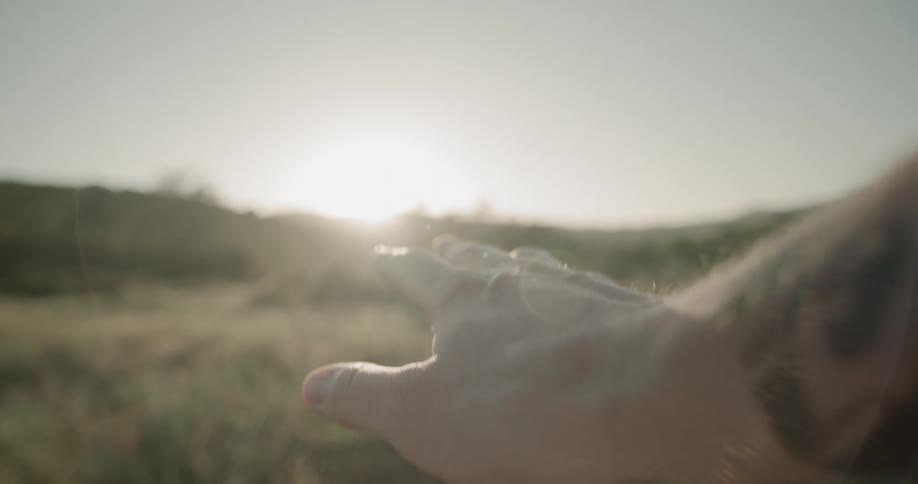 A mans hand outdoors with a grassy field and the sun in the background