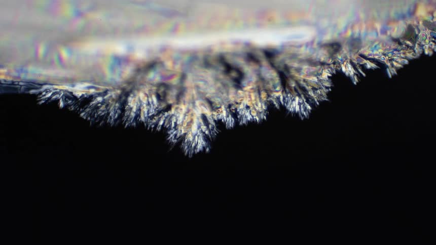 Ice crystals form and spread over a black surface
