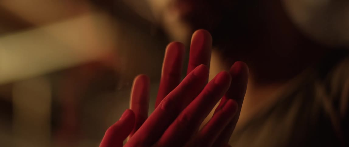 A man and a woman hands up against a glass while looking at each other
