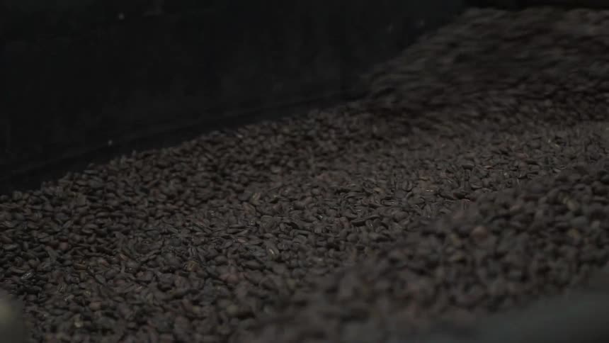 Machinery stirs a vat of coffee beans