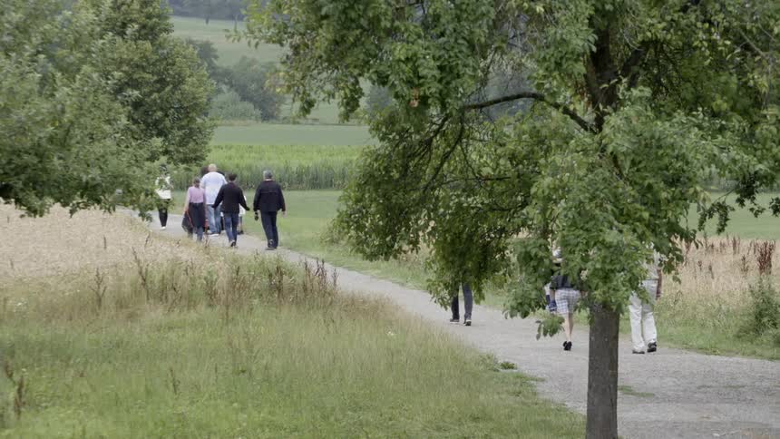 A group of people walk along a rural land pathway