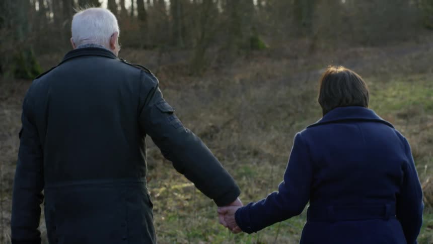A man and woman hold hands as they walk toward some trees