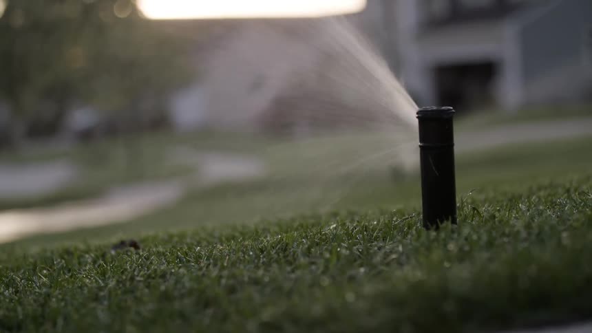 A rotating sprinkler sprinkles water over freshly cut grass