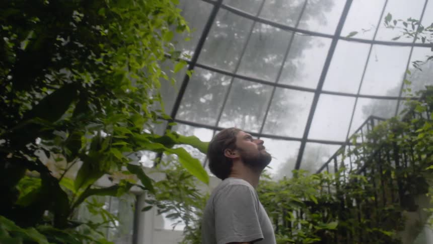 A man is walking in a glass dome filled with plants