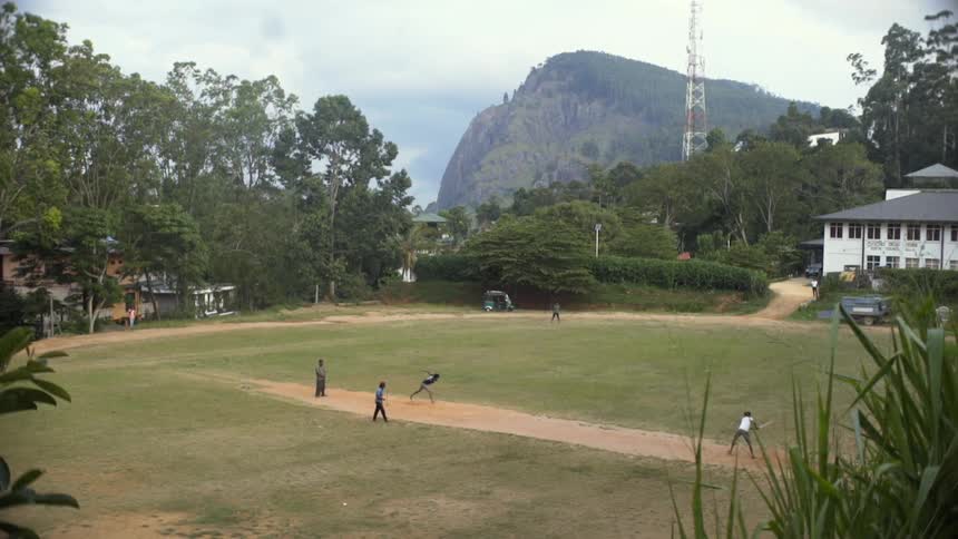 Teenagers play cricket in a field at day