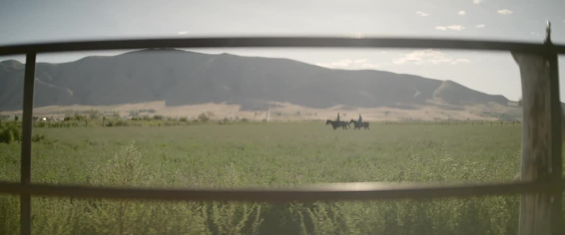 Two people ride horses across a grassy field