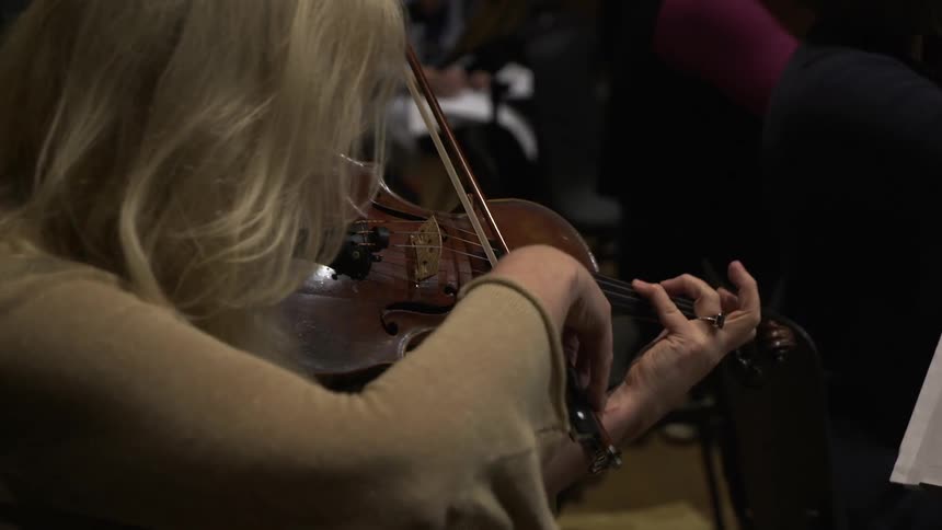 Woman plays violin in an ensemble
