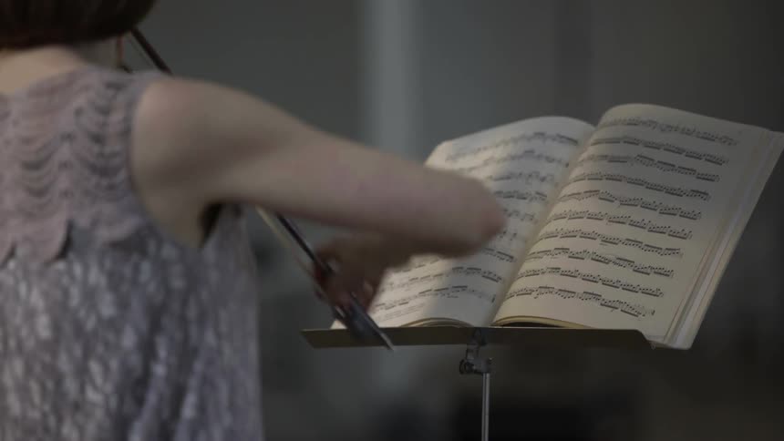 A woman plays a violin reading music on a stand