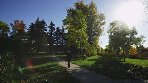 A person walks down a sidewalk toward trees
