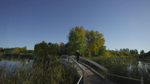 A man crosses a small bridge gaping a pond on a sunny day