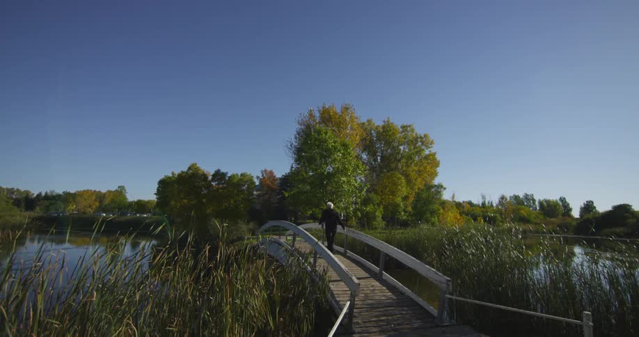 A man crosses a small bridge gaping a pond on a sunny day