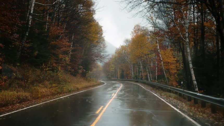 Moving down a two lane road on a wet autumn day