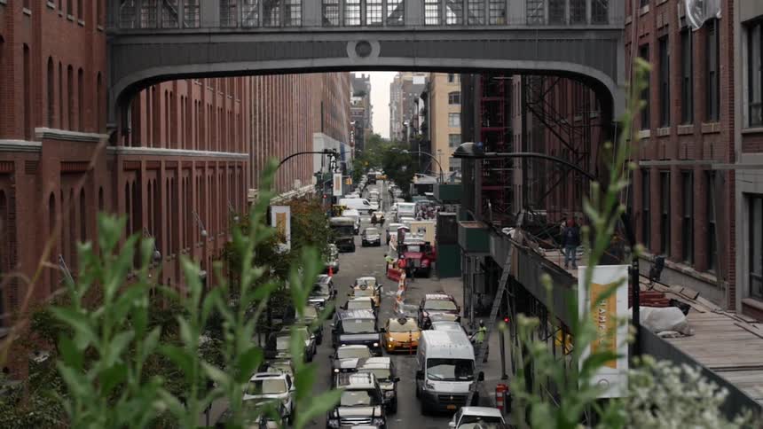 Gridlock in a city street as seen from up high