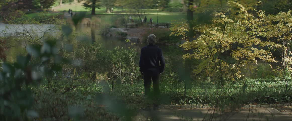 Back turned businessman stands and watches the lake in the public park