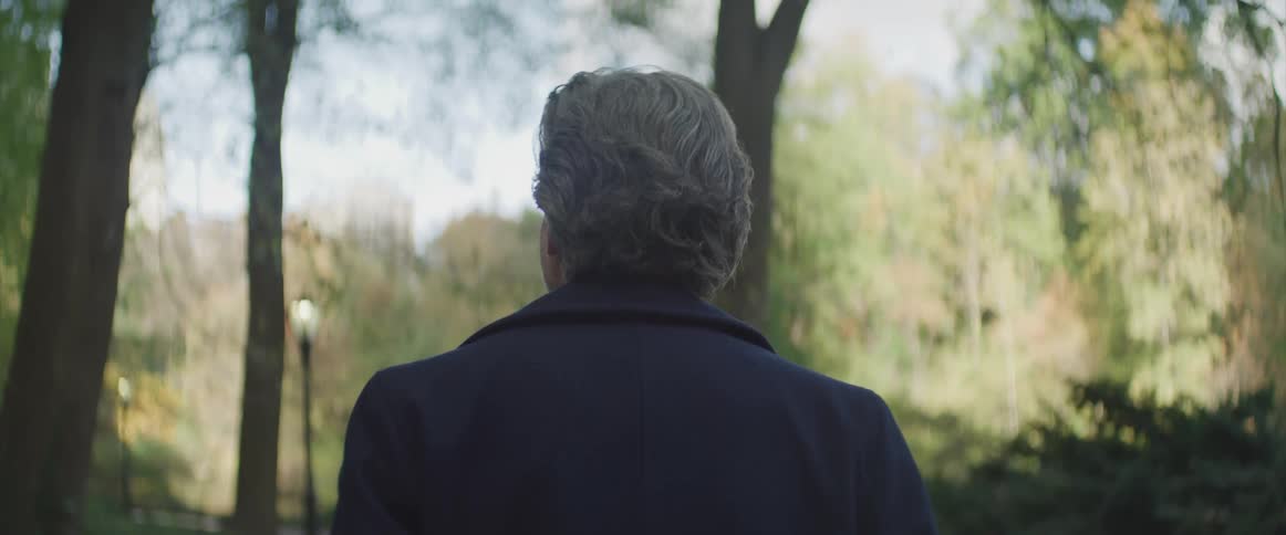 A man with silver gray hair walks and looks up at the trees in a park